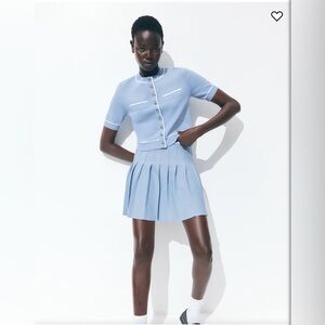 H&M 2pc Short Sleeve Cardigan & Pleated Skirt Set, Blue/White, Size XL